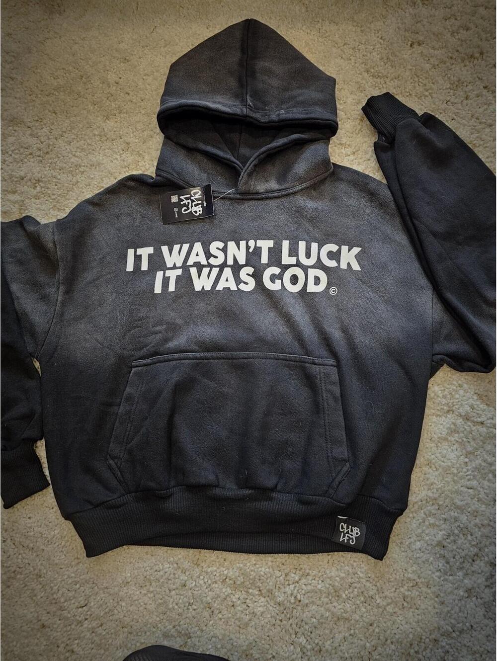 "It Wasn’t Luck It Was God" Ombre Black Hoodie Unisex Small New